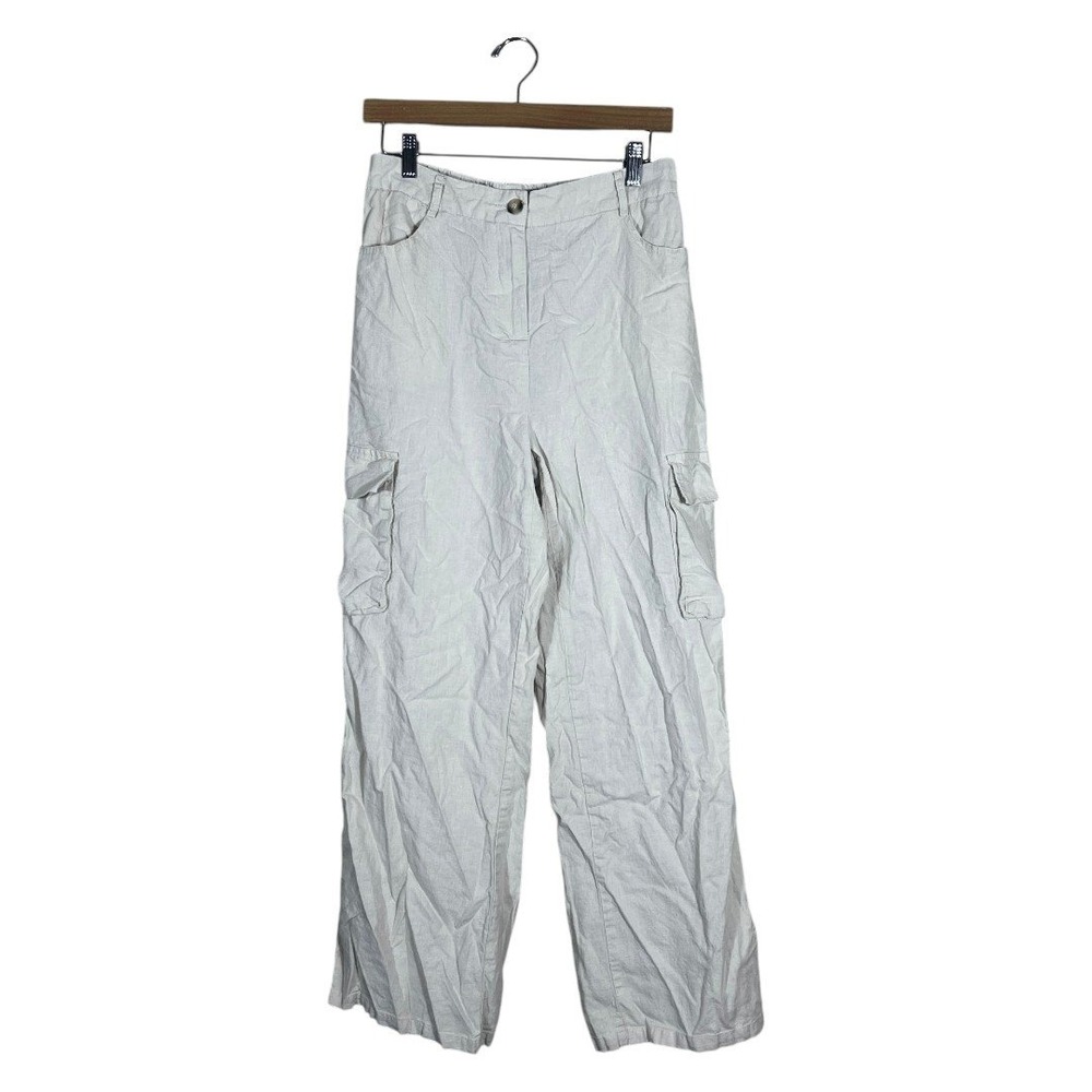 HG Linen Blend Cargo Pants Solid Wide Leg Beige Coastal Utility Size L